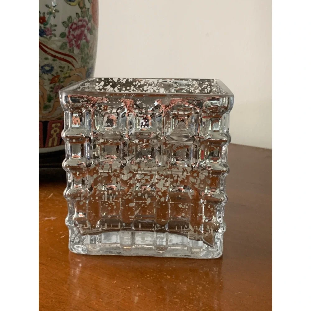 Mercury Glass Square Vase Silver Textured Grid Planter Candle Holder 4.5in